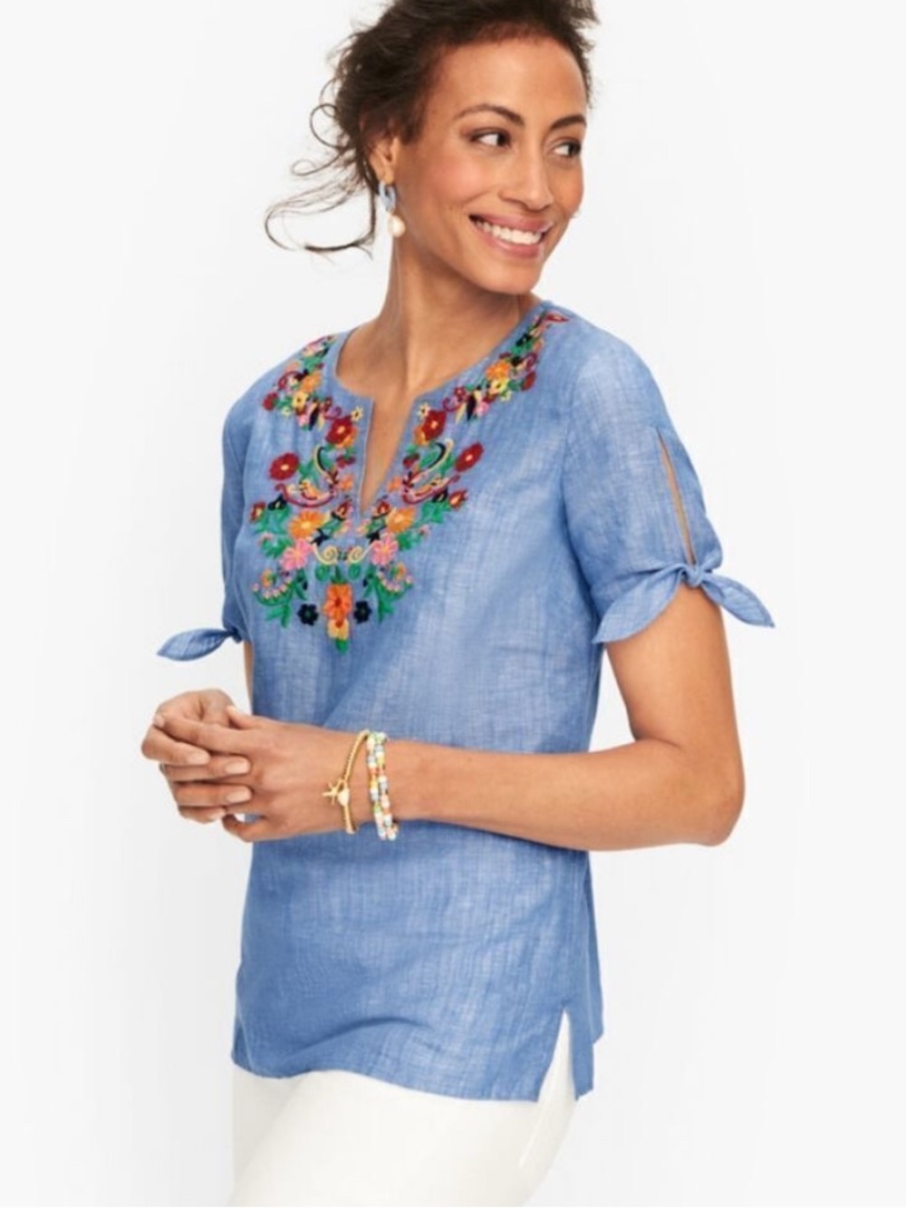 TALBOTS Embroidered Linen Popover Top Size PL Blue Chambray Tied Short Sleeves